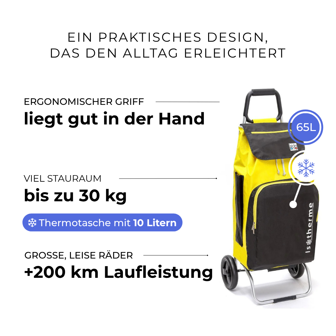 Einkaufstrolley Carlux Gelb-Schwarz 65 L, mit 10-L-Kühltasche, 2 Räder, ergonomischer Griff, bis zu 30 kg Stauraum, leise Räder mit über 200 km Laufleistung