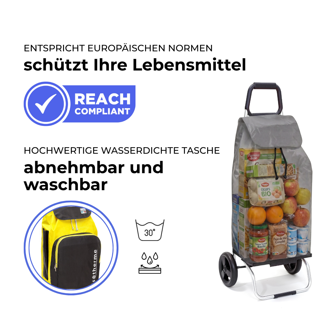 Einkaufstrolley Carlux Gelb-Schwarz 65 L, mit 10-L-Kühltasche, 2 Räder, REACH-konform, wasserdichte Tasche abnehmbar und bei 30 Grad waschbar
