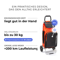 Einkaufstrolley Carlux Orange-Schwarz 65 L, mit 10-L-Kühltasche, 2 Räder, ergonomischer Griff, bis zu 30 kg Stauraum, leise Räder mit über 200 km Laufleistung