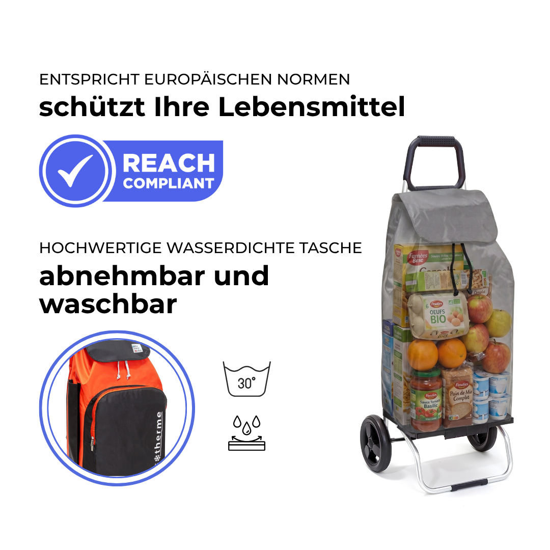 Einkaufstrolley Carlux Orange-Schwarz 65 L, mit 10-L-Kühltasche, 2 Räder, REACH-konform, wasserdichte Tasche abnehmbar und bei 30 Grad waschbar