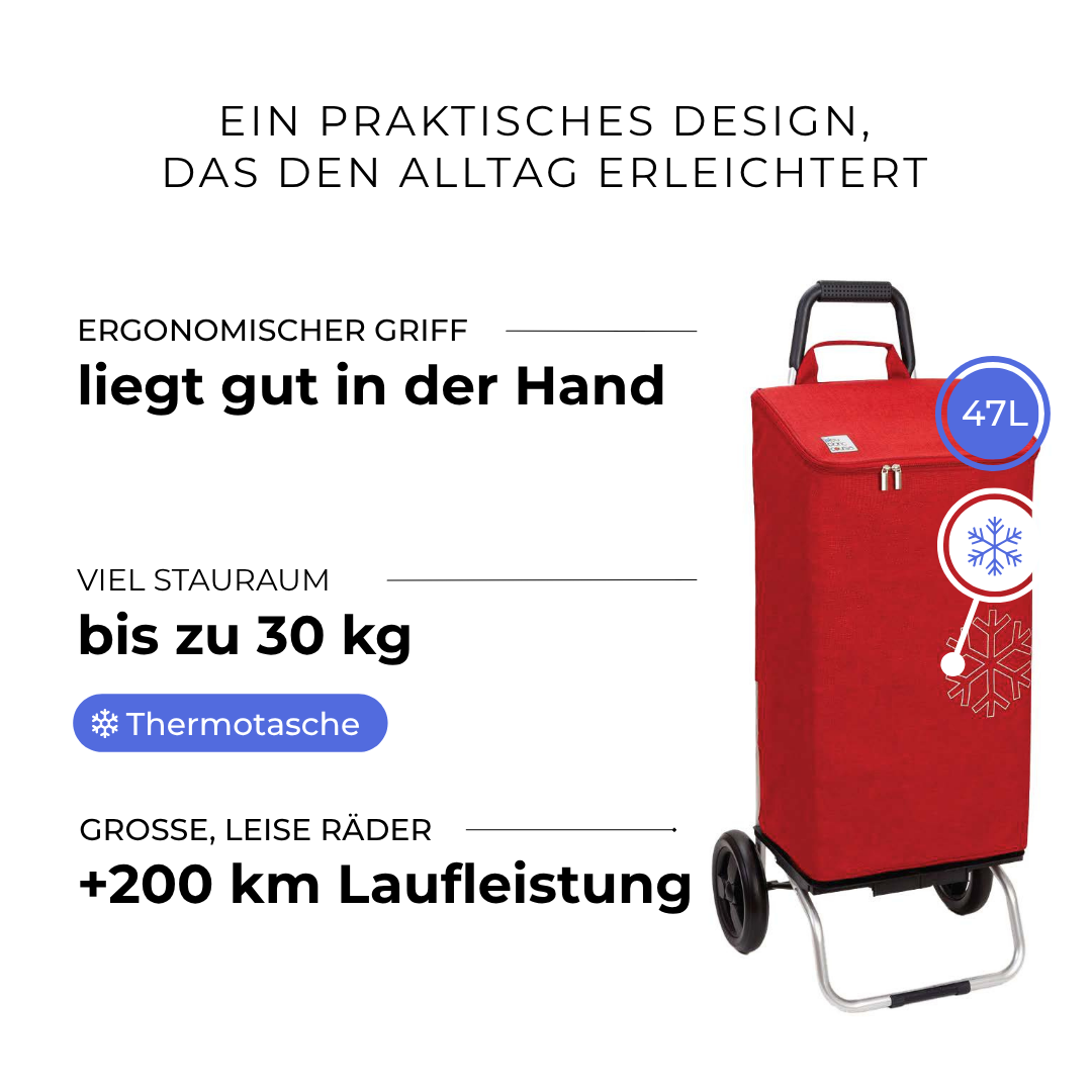 Einkaufstrolley Carlux Rot 47 L, vollständig isoliert, 2 Räder, ergonomischer Griff, bis zu 30 kg Stauraum, leise Räder mit über 200 km Laufleistung