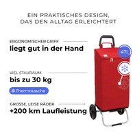 Einkaufstrolley Carlux Rot 47 L, vollständig isoliert, 2 Räder, ergonomischer Griff, bis zu 30 kg Stauraum, leise Räder mit über 200 km Laufleistung