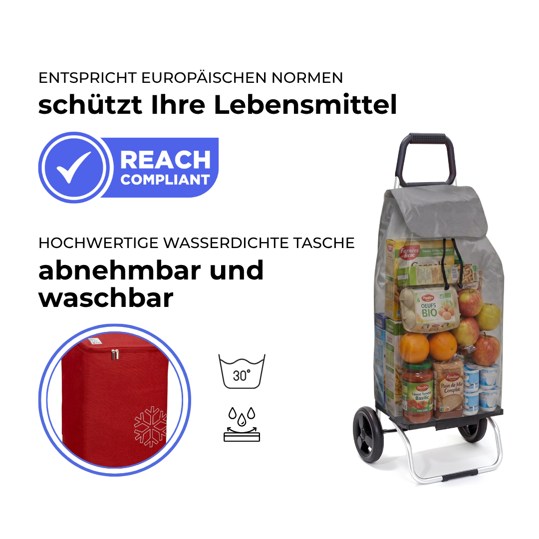 Einkaufstrolley Carlux Rot 47 L, vollständig isoliert, 2 Räder, REACH-konform, wasserdichte Tasche abnehmbar und bei 30 Grad waschbar