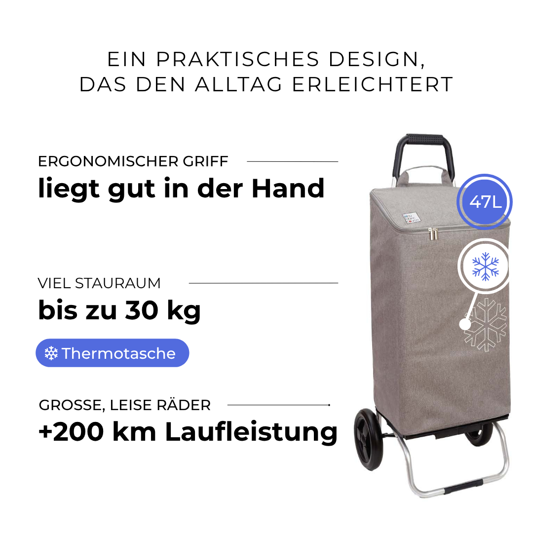 Einkaufstrolley Carlux Grau 47 L, vollständig isoliert, 2 Räder, ergonomischer Griff, bis zu 30 kg Stauraum, leise Räder mit über 200 km Laufleistung