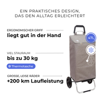 Einkaufstrolley Carlux Grau 47 L, vollständig isoliert, 2 Räder, ergonomischer Griff, bis zu 30 kg Stauraum, leise Räder mit über 200 km Laufleistung