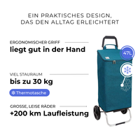Einkaufstrolley Carlux Türkis 47 L, vollständig isoliert, 2 Räder, ergonomischer Griff, bis zu 30 kg Stauraum, leise Räder mit über 200 km Laufleistung