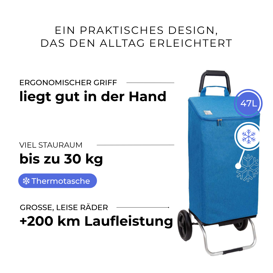 Einkaufstrolley Carlux Blau 47 L, vollständig isoliert, 2 Räder, ergonomischer Griff, bis zu 30 kg Stauraum, leise Räder mit über 200 km Laufleistung
