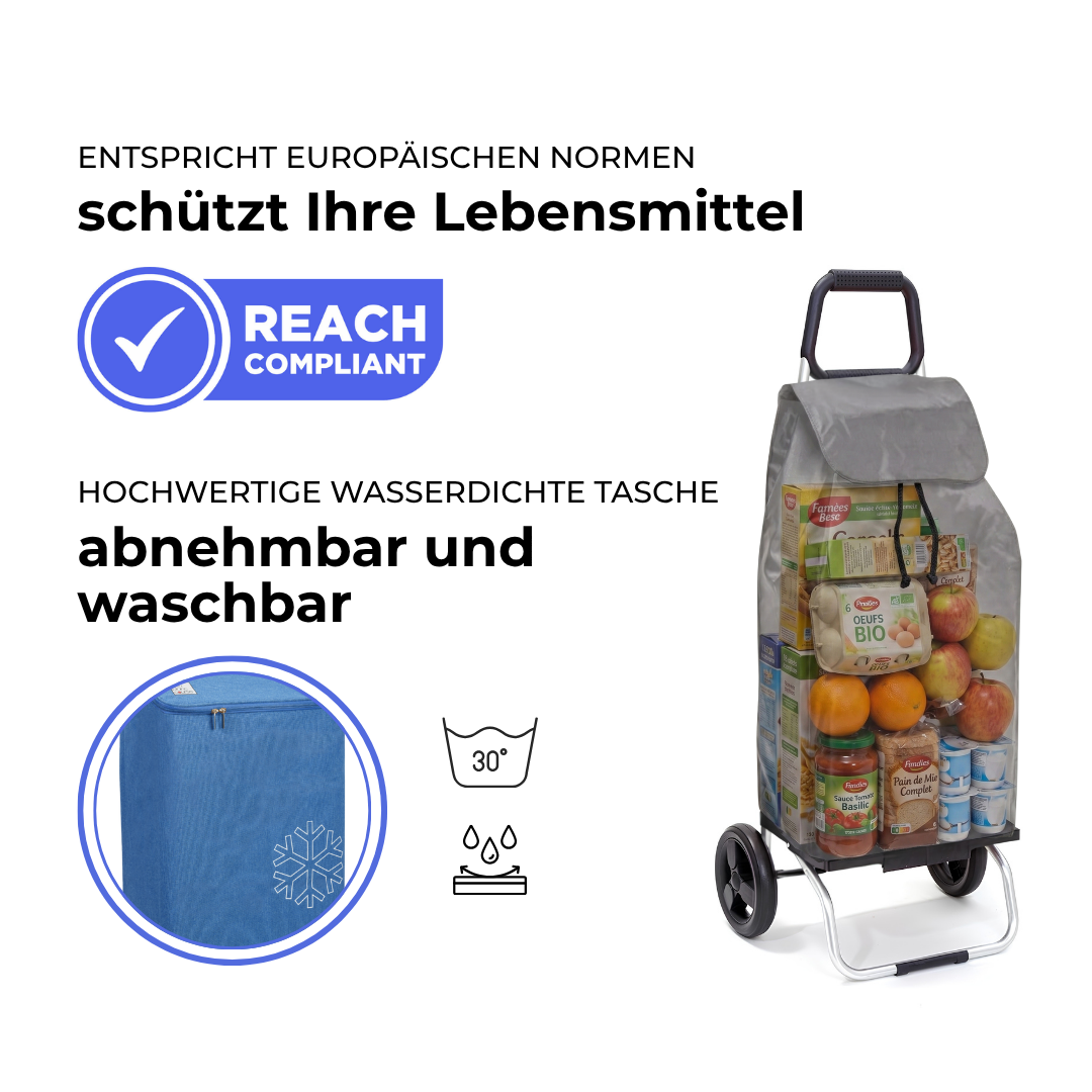 Einkaufstrolley Carlux Blau 47 L, vollständig isoliert, 2 Räder, REACH-konform, wasserdichte Tasche abnehmbar und bei 30 Grad waschbar