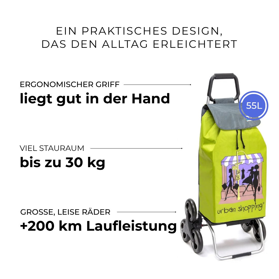 Einkaufstrolley Carlux Vert US 55 L, 6 Räder Treppensteiger, ergonomischer Griff, bis zu 30 kg Stauraum, leise Räder mit über 200 km Laufleistung