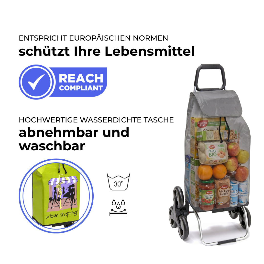Einkaufstrolley Carlux Vert US 55 L, 6 Räder Treppensteiger, REACH-konform, wasserdichte Tasche abnehmbar und bei 30 Grad waschbar