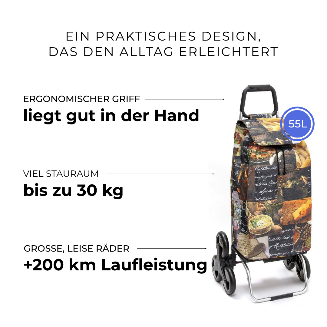 Einkaufstrolley Carlux Food 55 L, 6 Räder Treppensteiger, ergonomischer Griff, bis zu 30 kg Stauraum, leise Räder mit über 200 km Laufleistung