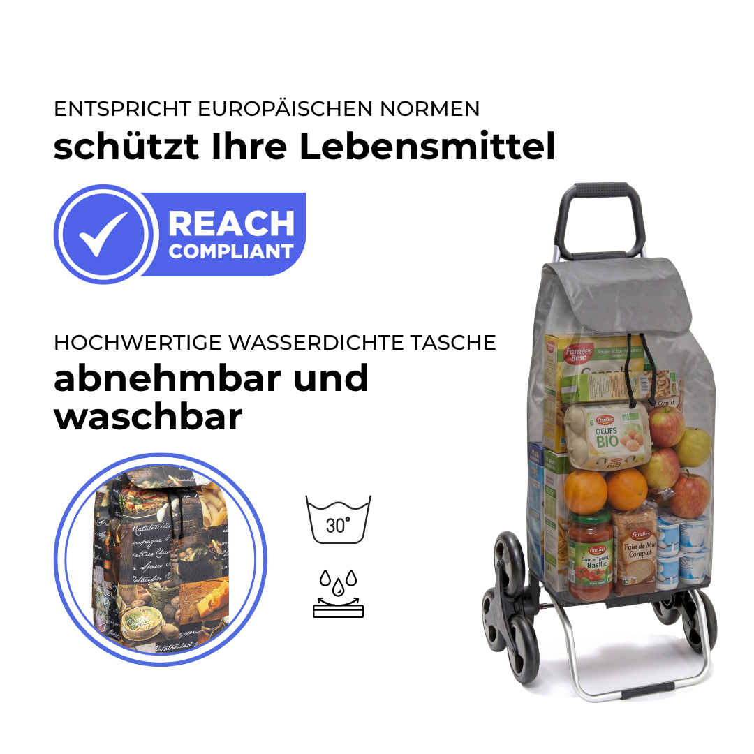 Einkaufstrolley Carlux Food 55 L, 6 Räder Treppensteiger, REACH-konform, wasserdichte Tasche abnehmbar und bei 30 Grad waschbar