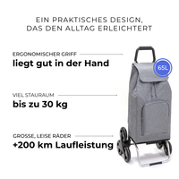 Einkaufstrolley Carlux Grau meliert 65 L, mit 10-L-Tasche, 6 Räder Treppensteiger, ergonomischer Griff, bis zu 30 kg Stauraum, leise Räder mit über 200 km Laufleistung