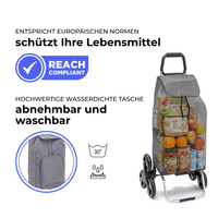 Einkaufstrolley Carlux Grau meliert 65 L, mit 10-L-Tasche, 6 Räder Treppensteiger, REACH-konform, wasserdichte Tasche abnehmbar und bei 30 Grad waschbar