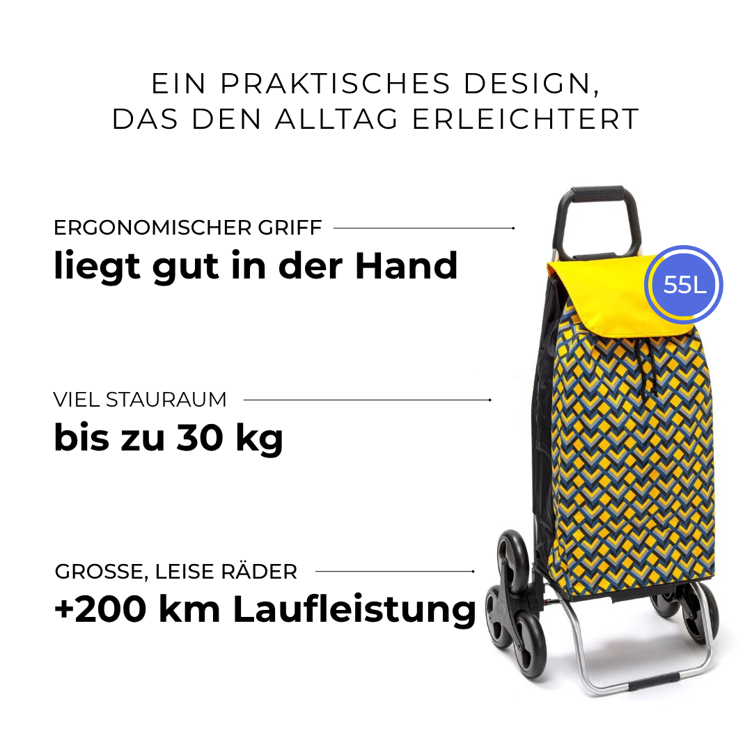 Einkaufstrolley Carlux Geometrik Jaune 55 L, 6 Räder Treppensteiger, ergonomischer Griff, bis zu 30 kg Stauraum, leise Räder mit über 200 km Laufleistung