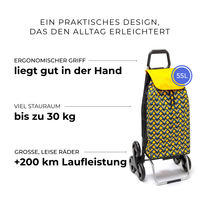 Einkaufstrolley Carlux Geometrik Jaune 55 L, 6 Räder Treppensteiger, ergonomischer Griff, bis zu 30 kg Stauraum, leise Räder mit über 200 km Laufleistung