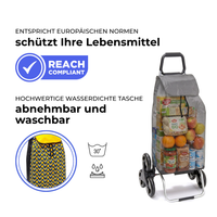 Einkaufstrolley Carlux Geometrik Jaune 55 L, 6 Räder Treppensteiger, REACH-konform, wasserdichte Tasche abnehmbar und bei 30 Grad waschbar