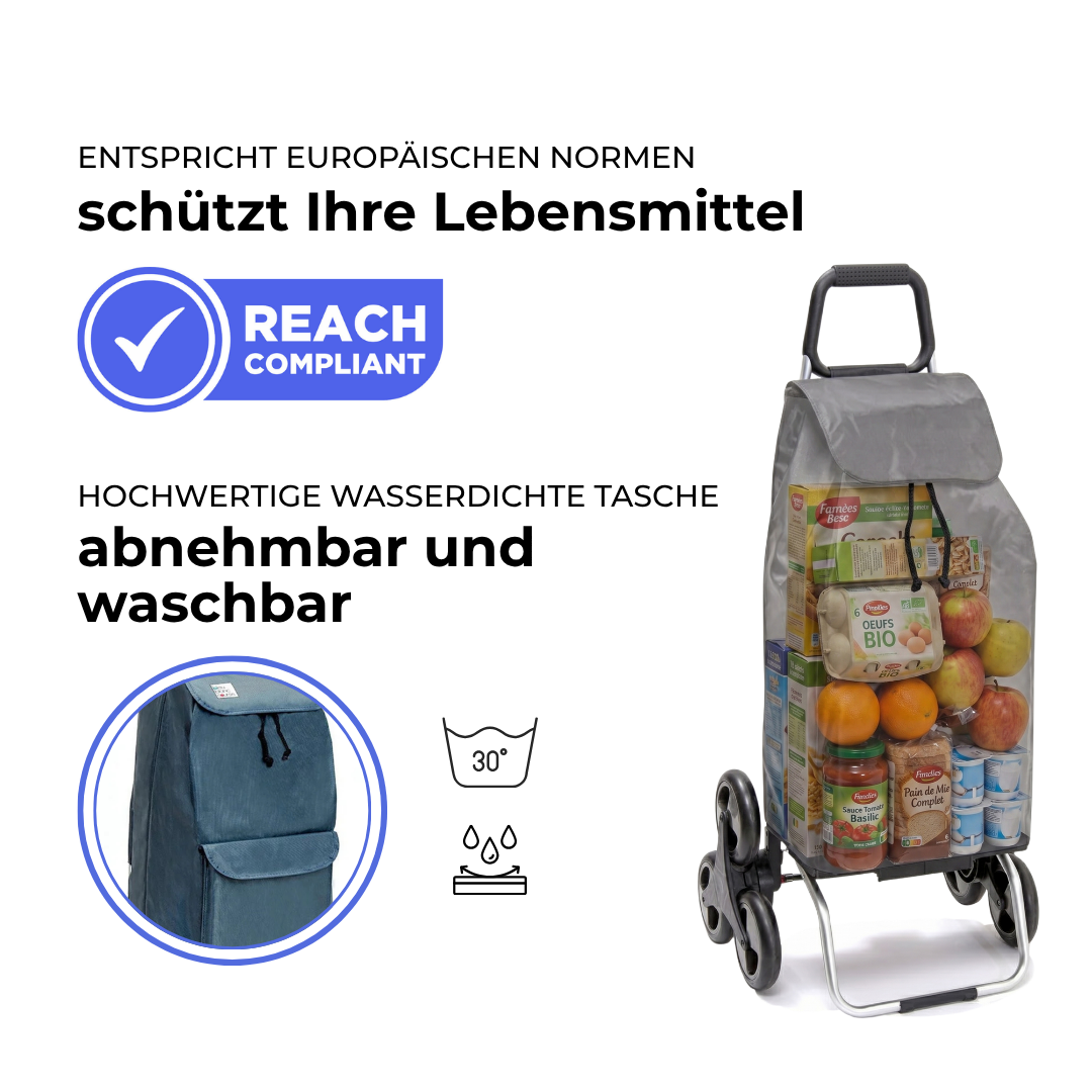 Einkaufstrolley Carlux Grau 65 L, mit 10-L-Tasche, 6 Räder Treppensteiger, REACH-konform, wasserdichte Tasche abnehmbar und bei 30 Grad waschbar