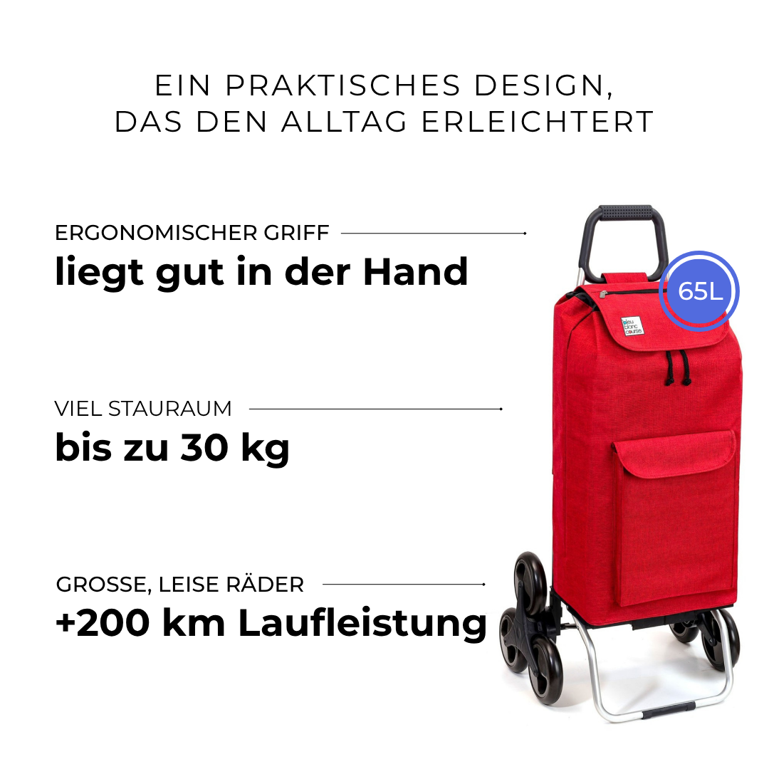 Einkaufstrolley Carlux Rot 65 L, mit 10-L-Tasche, 6 Räder Treppensteiger, ergonomischer Griff, bis zu 30 kg Stauraum, leise Räder mit über 200 km Laufleistung