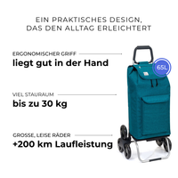 Einkaufstrolley Carlux Türkis 65 L, mit 10-L-Tasche, 6 Räder Treppensteiger, ergonomischer Griff, bis zu 30 kg Stauraum, leise Räder mit über 200 km Laufleistung