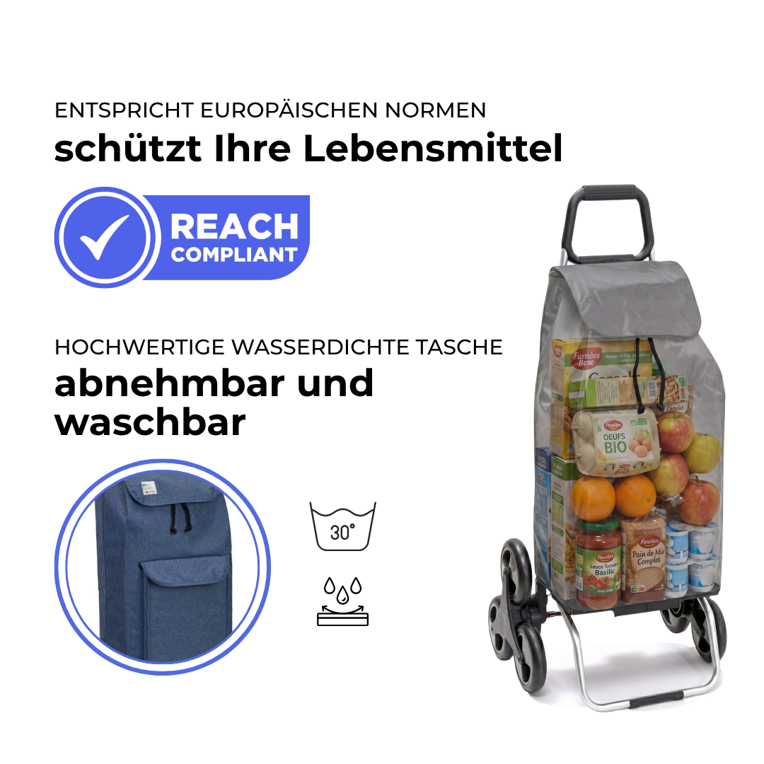 Einkaufstrolley Carlux Blau 65 L, mit 10-L-Tasche, 6 Räder Treppensteiger, REACH-konform, wasserdichte Tasche abnehmbar und bei 30 Grad waschbar