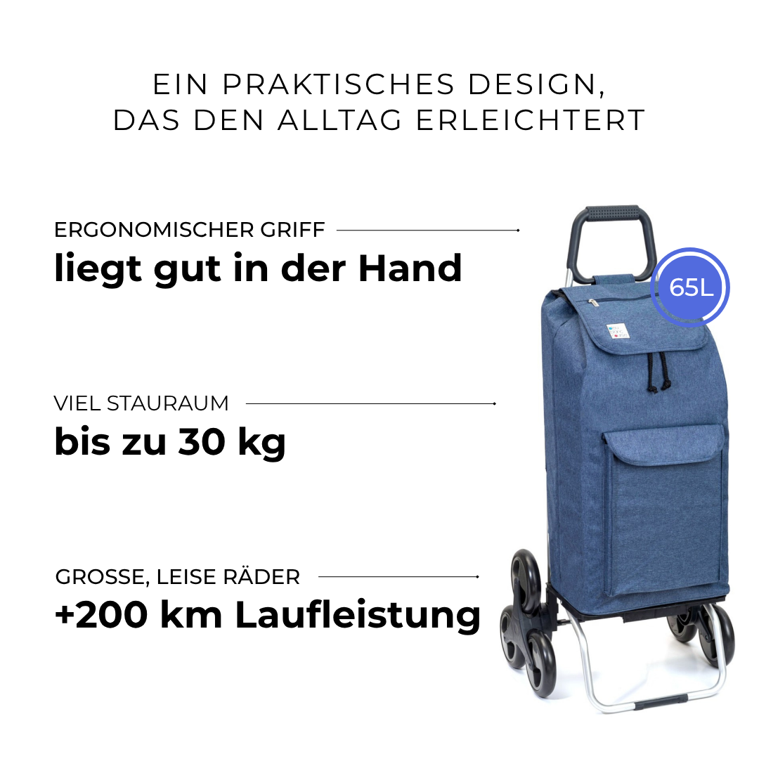 Einkaufstrolley Carlux Blau 65 L, mit 10-L-Tasche, 6 Räder Treppensteiger, ergonomischer Griff, bis zu 30 kg Stauraum, leise Räder mit über 200 km Laufleistung