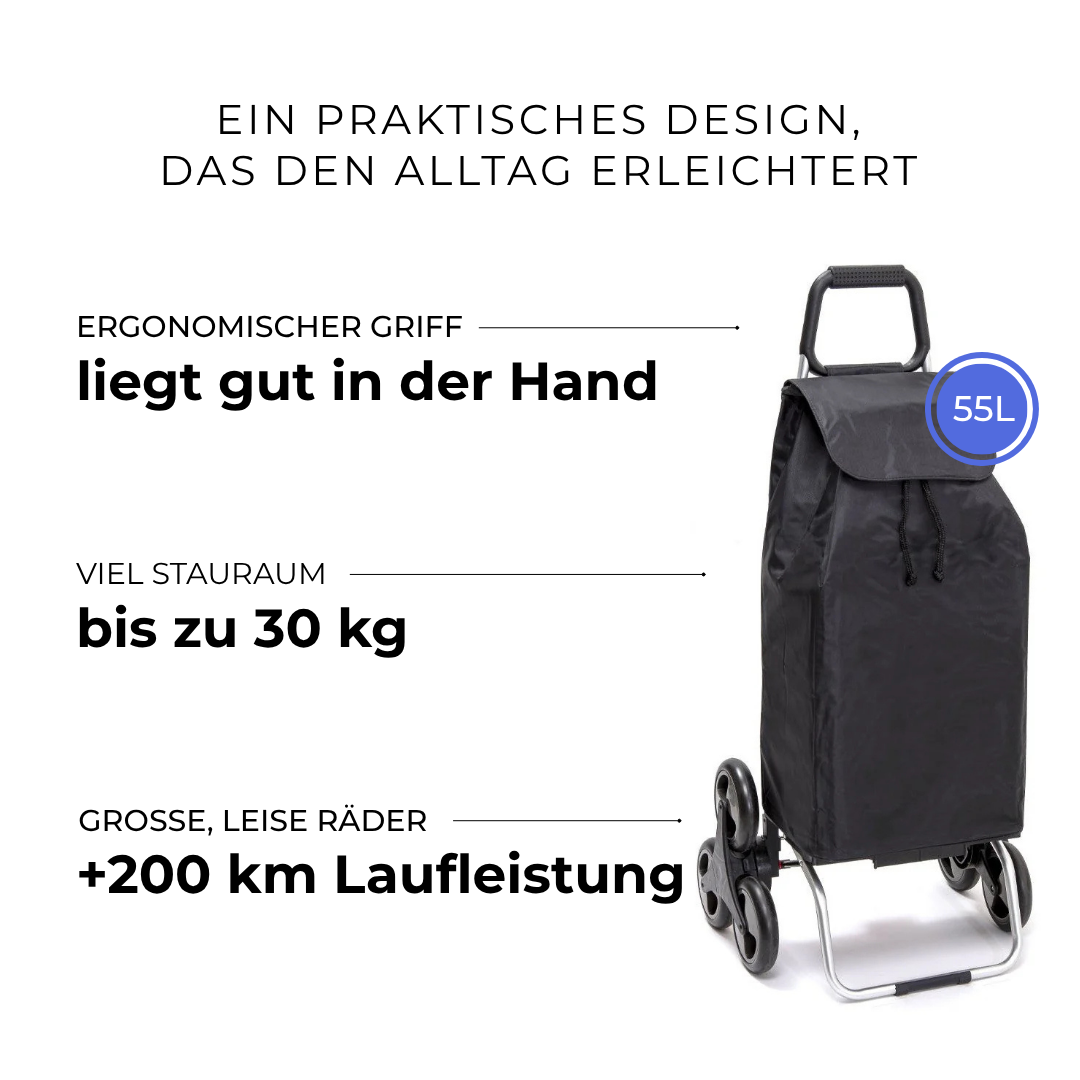 Einkaufstrolley Carlux Éco Noir 55 L, 6 Räder Treppensteiger, ergonomischer Griff, bis zu 30 kg Stauraum, leise Räder mit über 200 km Laufleistung