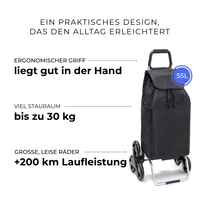 Einkaufstrolley Carlux Éco Noir 55 L, 6 Räder Treppensteiger, ergonomischer Griff, bis zu 30 kg Stauraum, leise Räder mit über 200 km Laufleistung