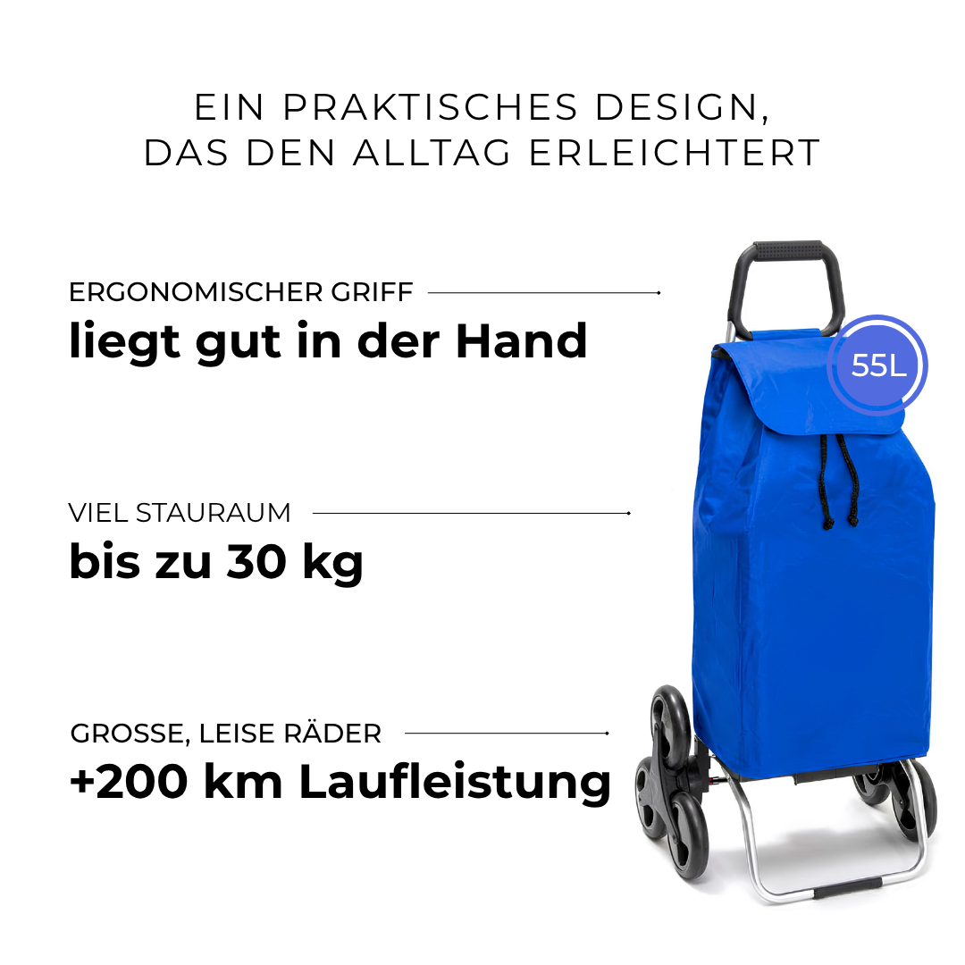 Einkaufstrolley Carlux Éco Bleu 55 L, 6 Räder Treppensteiger, ergonomischer Griff, bis zu 30 kg Stauraum, leise Räder mit über 200 km Laufleistung