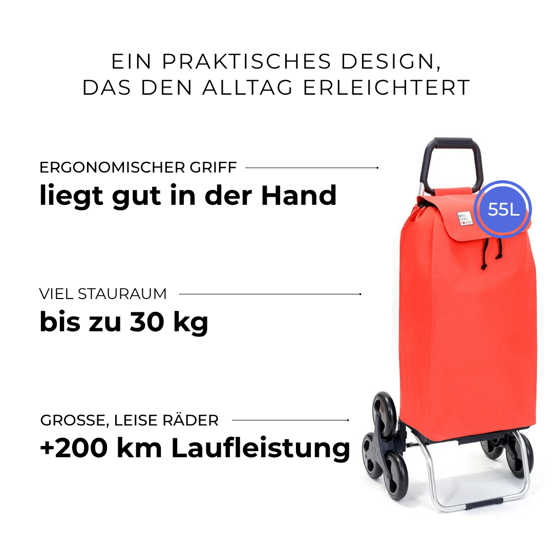 Einkaufstrolley Carlux Fiery Red 55 L, 6 Räder Treppensteiger, ergonomischer Griff, bis zu 30 kg Stauraum, leise Räder mit über 200 km Laufleistung
