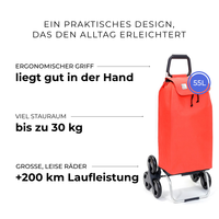 Einkaufstrolley Carlux Fiery Red 55 L, 6 Räder Treppensteiger, ergonomischer Griff, bis zu 30 kg Stauraum, leise Räder mit über 200 km Laufleistung