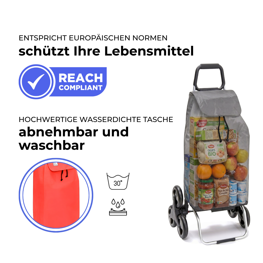 Einkaufstrolley Carlux Fiery Red 55 L, 6 Räder Treppensteiger, REACH-konform, wasserdichte Tasche abnehmbar und bei 30 Grad waschbar