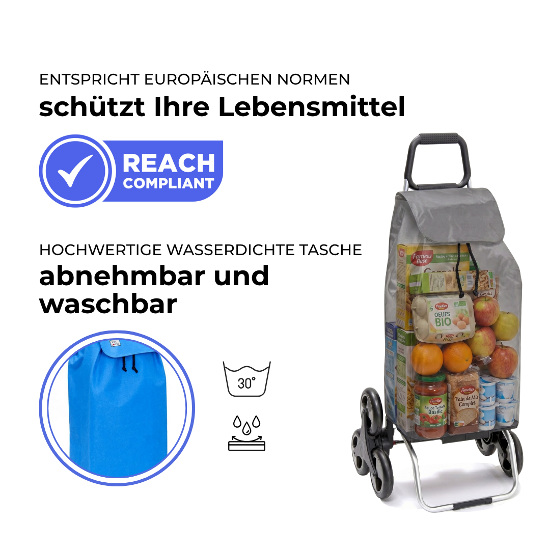 Einkaufstrolley Carlux Blue Lagoon 55 L, 6 Räder Treppensteiger, REACH-konform, wasserdichte Tasche abnehmbar und bei 30 Grad waschbar