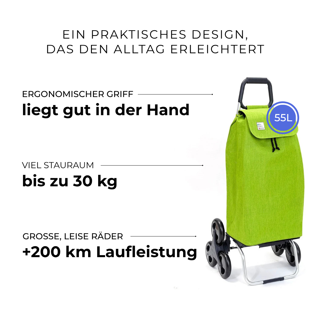Einkaufstrolley Carlux Grani Smith 55 L, 6 Räder Treppensteiger, ergonomischer Griff, bis zu 30 kg Stauraum, leise Räder mit über 200 km Laufleistung
