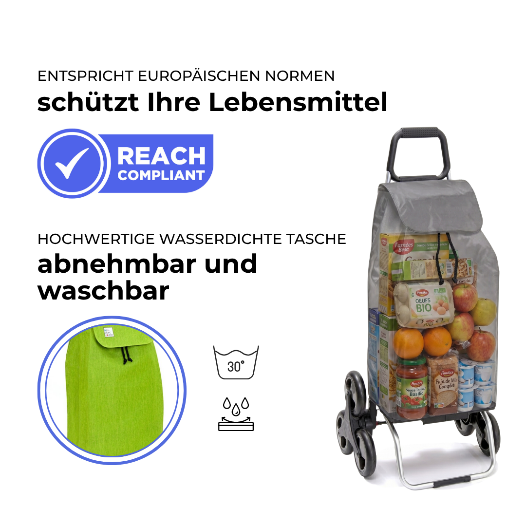 Einkaufstrolley Carlux Grani Smith 55 L, 6 Räder Treppensteiger, REACH-konform, wasserdichte Tasche abnehmbar und bei 30 Grad waschbar
