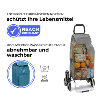 Einkaufstrolley Carlux Entenblau meliert 65 L, mit 10-L-Tasche, 6 Räder Treppensteiger, REACH-konform, wasserdichte Tasche abnehmbar und bei 30 Grad waschbar