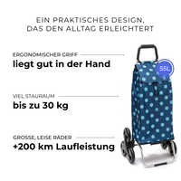 Einkaufstrolley Carlux Pois Bleu Ciel 55 L, 6 Räder Treppensteiger, ergonomischer Griff, bis zu 30 kg Stauraum, leise Räder mit über 200 km Laufleistung
