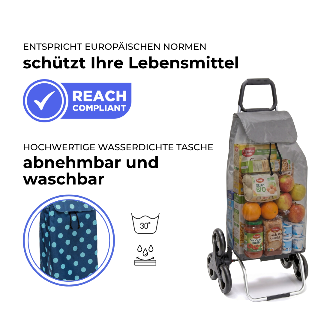 Einkaufstrolley Carlux Pois Bleu Ciel 55 L, 6 Räder Treppensteiger, REACH-konform, wasserdichte Tasche abnehmbar und bei 30 Grad waschbar