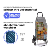 Einkaufstrolley Carlux Pois Bleu Ciel 55 L, 6 Räder Treppensteiger, REACH-konform, wasserdichte Tasche abnehmbar und bei 30 Grad waschbar