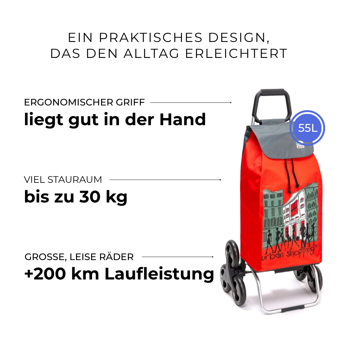 Einkaufstrolley Carlux Rouge US 55 L, 6 Räder Treppensteiger, ergonomischer Griff, bis zu 30 kg Stauraum, leise Räder mit über 200 km Laufleistung