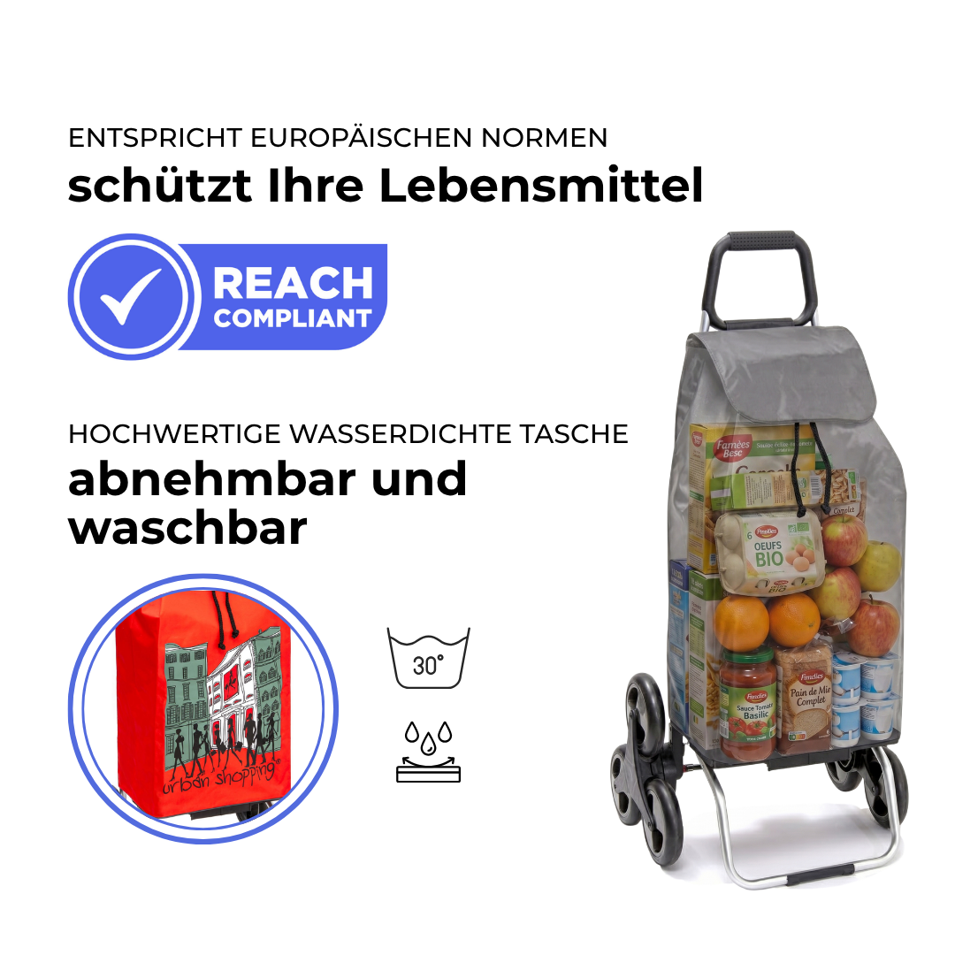 Einkaufstrolley Carlux Rouge US 55 L, 6 Räder Treppensteiger, REACH-konform, wasserdichte Tasche abnehmbar und bei 30 Grad waschbar