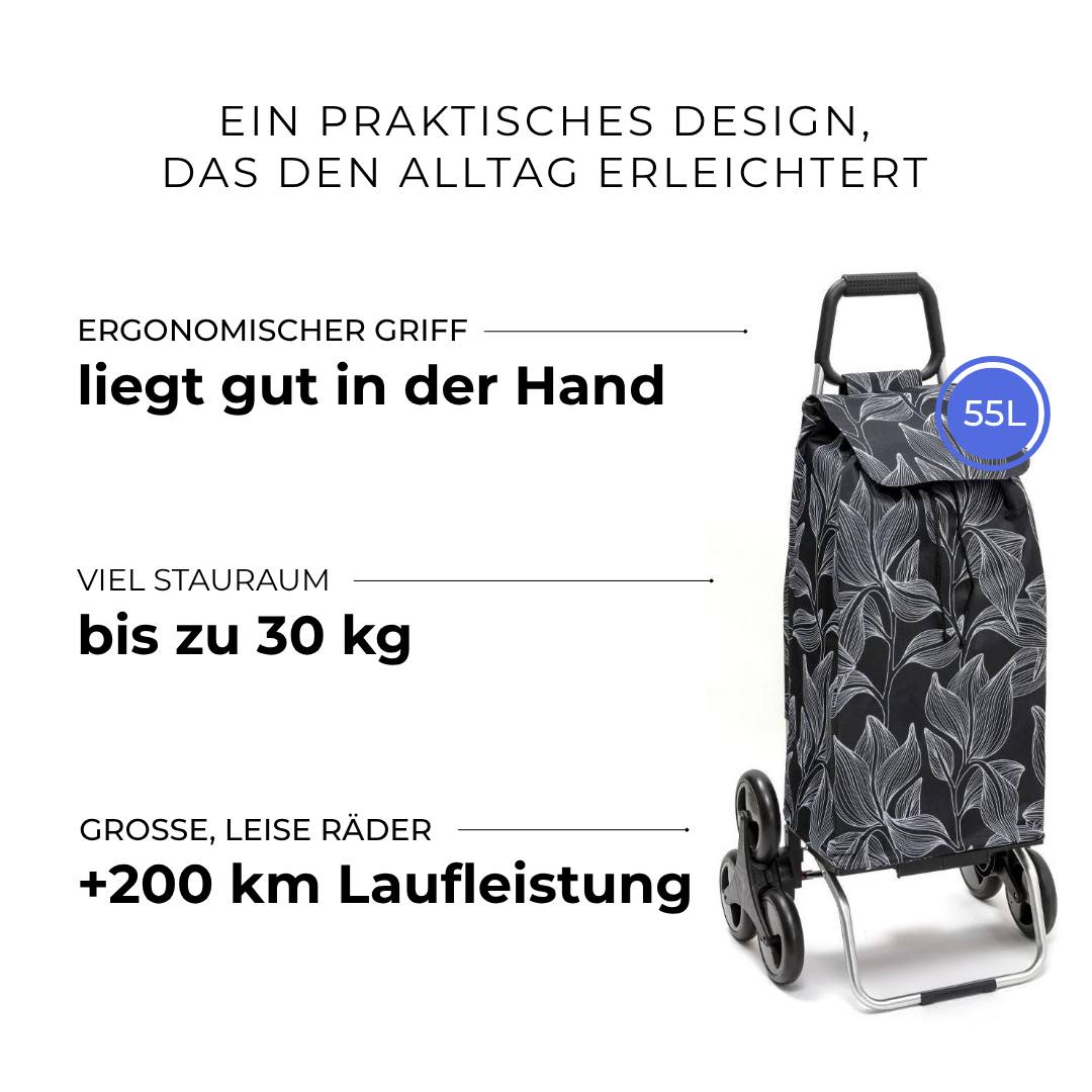 Einkaufstrolley Carlux Blackleaves 55 L, 6 Räder Treppensteiger, ergonomischer Griff, bis zu 30 kg Stauraum, leise Räder mit über 200 km Laufleistung