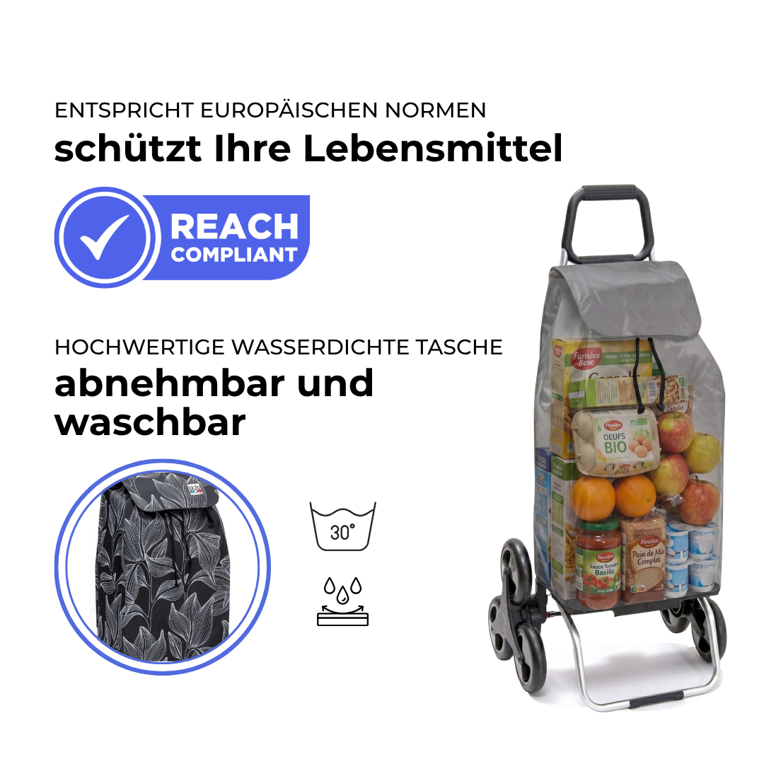 Einkaufstrolley Carlux Blackleaves 55 L, 6 Räder Treppensteiger, REACH-konform, wasserdichte Tasche abnehmbar und bei 30 Grad waschbar