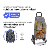 Einkaufstrolley Carlux Blackleaves 55 L, 6 Räder Treppensteiger, REACH-konform, wasserdichte Tasche abnehmbar und bei 30 Grad waschbar