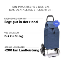 Einkaufstrolley Carlux Bluejean 55 L, 6 Räder Treppensteiger, ergonomischer Griff, bis zu 30 kg Stauraum, leise Räder mit über 200 km Laufleistung