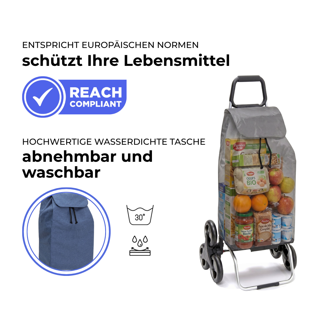 Einkaufstrolley Carlux Bluejean 55 L, 6 Räder Treppensteiger, REACH-konform, wasserdichte Tasche abnehmbar und bei 30 Grad waschbar