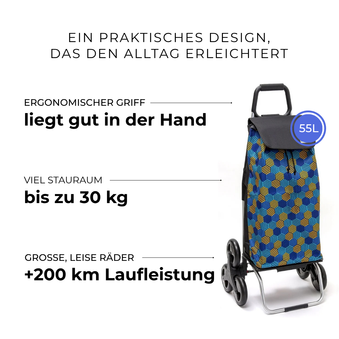 Einkaufstrolley Carlux Hexablue 55 L, 6 Räder Treppensteiger, ergonomischer Griff, bis zu 30 kg Stauraum, leise Räder mit über 200 km Laufleistung