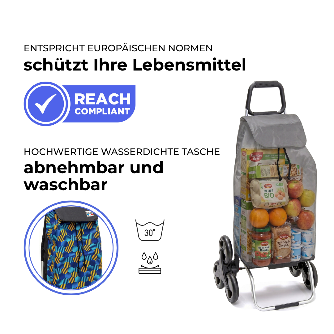 Einkaufstrolley Carlux Hexablue 55 L, 6 Räder Treppensteiger, REACH-konform, wasserdichte Tasche abnehmbar und bei 30 Grad waschbar