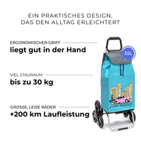 Einkaufstrolley Carlux Turquoise US 55 L, 6 Räder Treppensteiger, ergonomischer Griff, bis zu 30 kg Stauraum, leise Räder mit über 200 km Laufleistung
