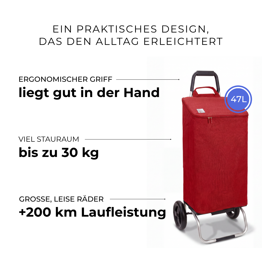 Einkaufstrolley Carlux Rot 47 L, 6 Räder Treppensteiger, ergonomischer Griff, bis zu 30 kg Stauraum, leise Räder mit über 200 km Laufleistung